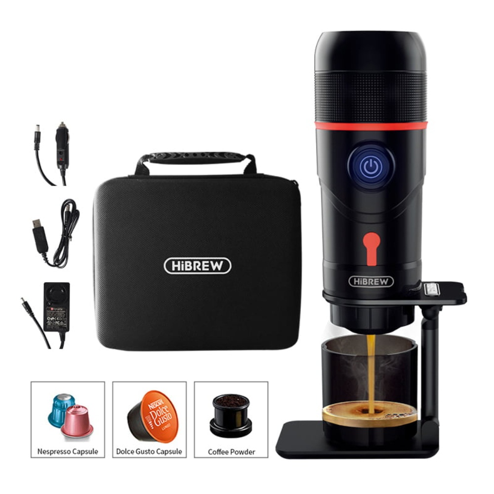 Hi-Brew Portable Coffee Machine USB Cable, Cigarette Adapter, AC/DC, 15 Bar, Stainless Steel 10g Coffee Powder, One Click Hot&Cold High Pressure Extraction, HBRW-H4A