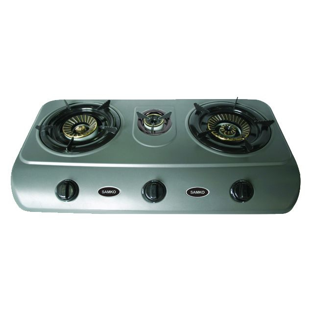SAMKO Dark Grey Table Top Gas Cooker 2 Large Brass Burners + 1 small Burner with Automatic Iginition