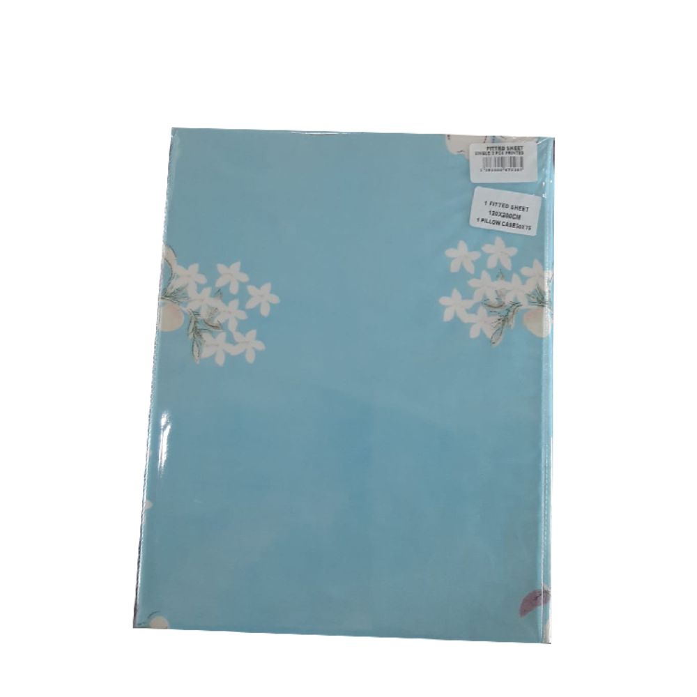 Zenith White/Baby Blue Printed Fitted Sheet Single 2 Pcs, ZEN-0285WBBL