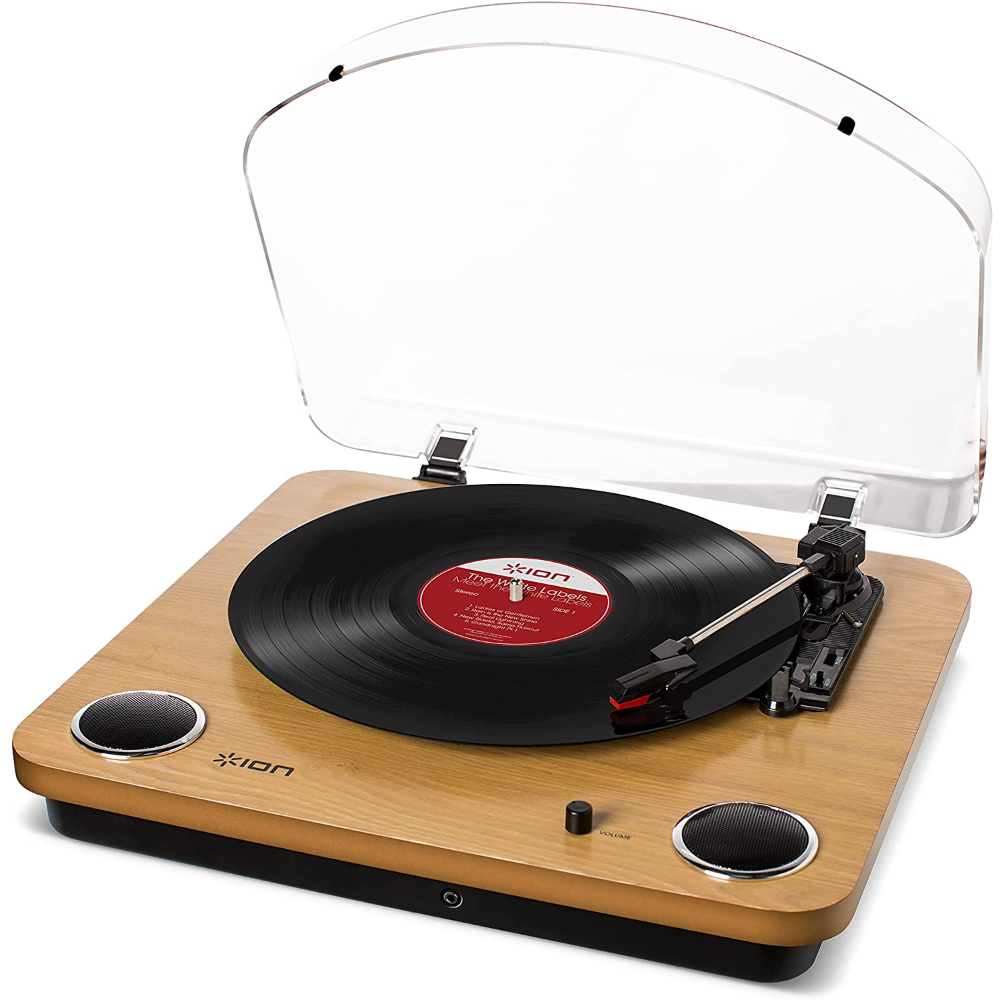 ION Audio Max LP - Vinyl Record Player / Turntable With Built In Speakers, USB Output For Conversion And Three, Playback Speeds, Natural Wood Finish, 15374